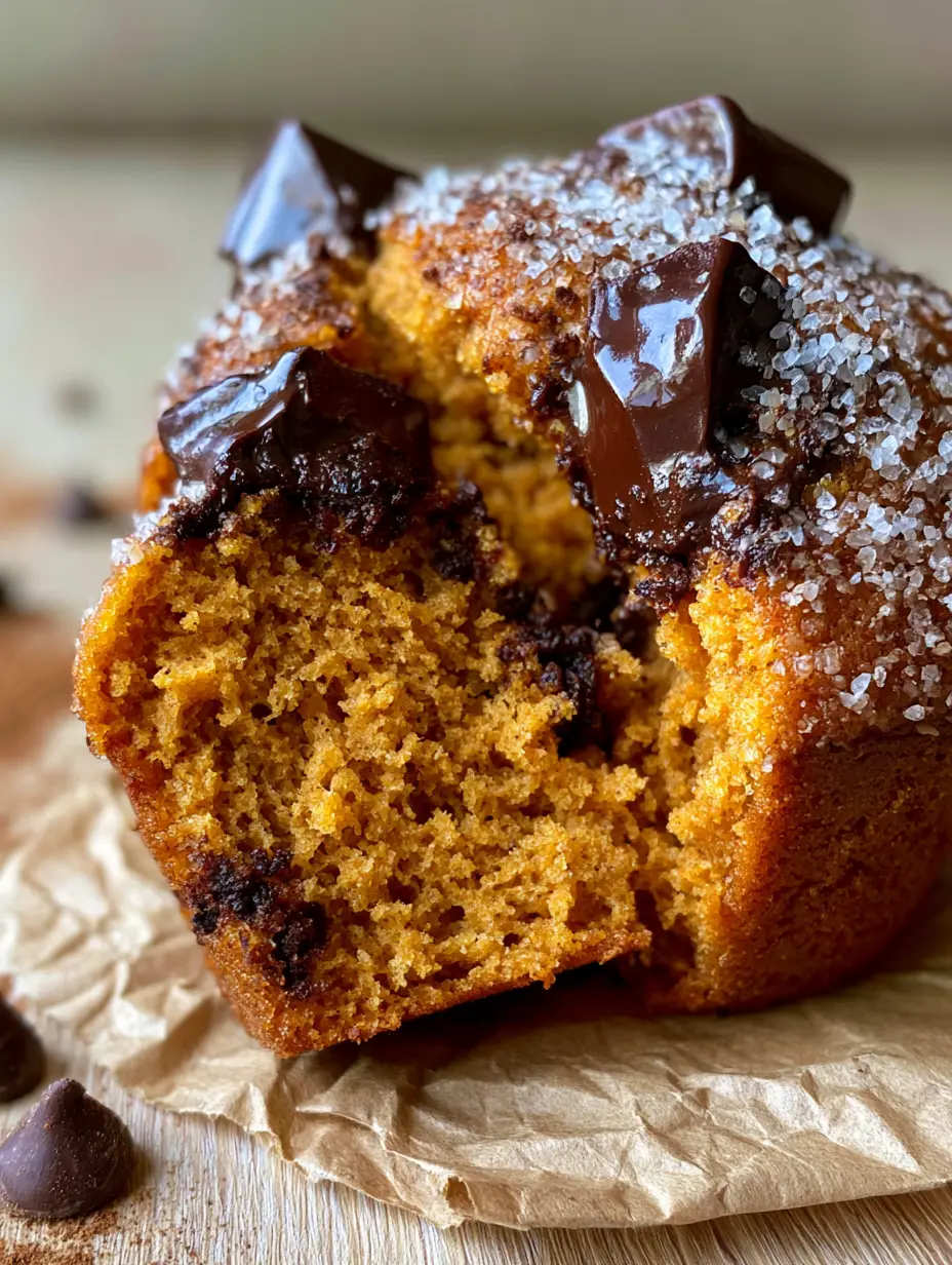 Pumpkin chocolate chip muffins with Massive Bakery-Style Domes 3 A close-up shot of an airy orange spice crumb inside a high-domed pumpkin chocolate chip muffin. (pumpkin chocolate chip muffins)