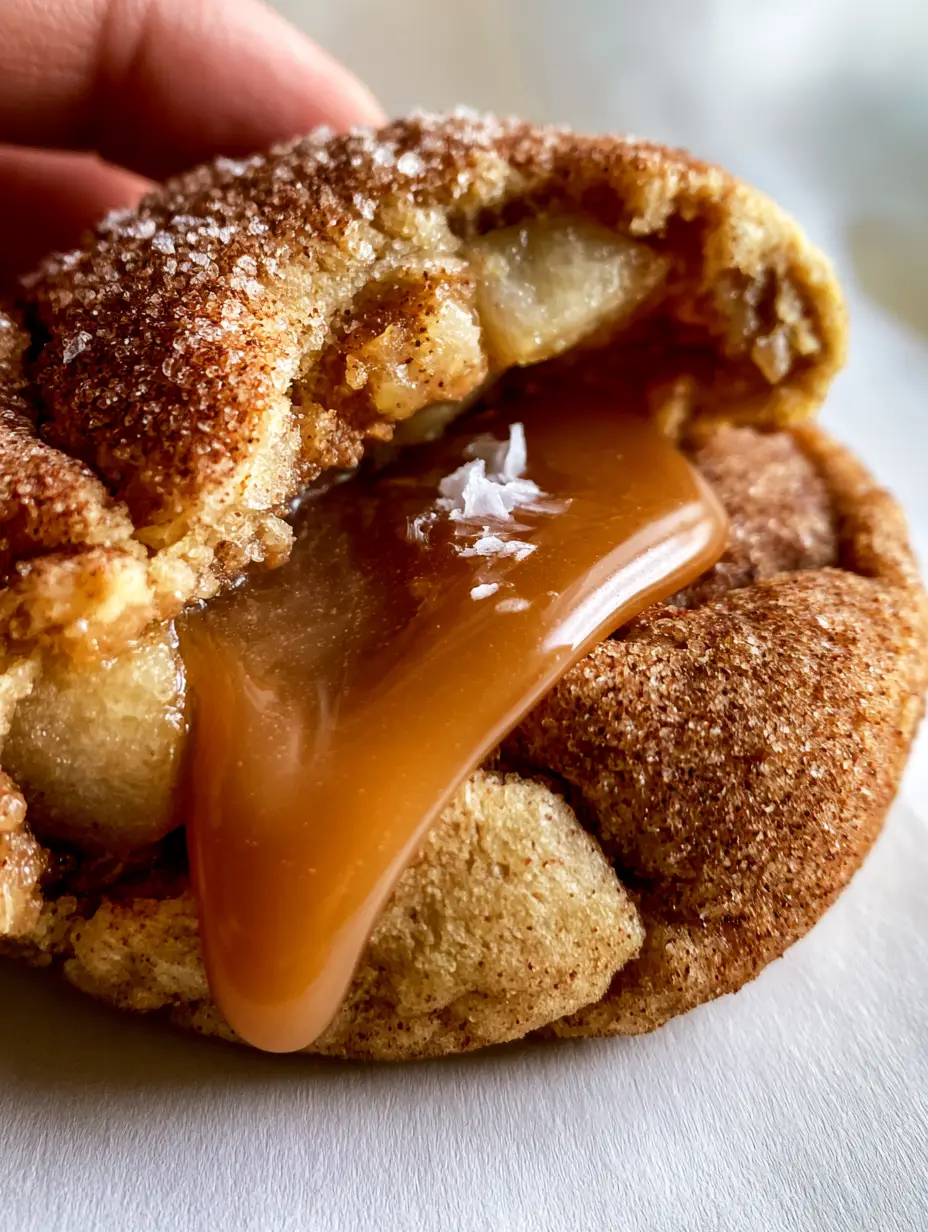Macro handheld photo of soft-baked Caramel Apple Cookies showing a flowing caramel center and cinnamon sugar exterior.