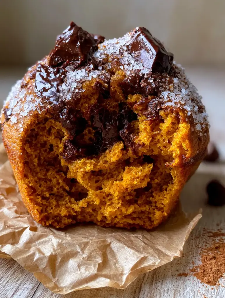 Pumpkin chocolate chip muffins with Massive Bakery-Style Domes 1 A macro shot showing the glistening dark chocolate chunks and turbinado sugar on top of a pumpkin muffin.
