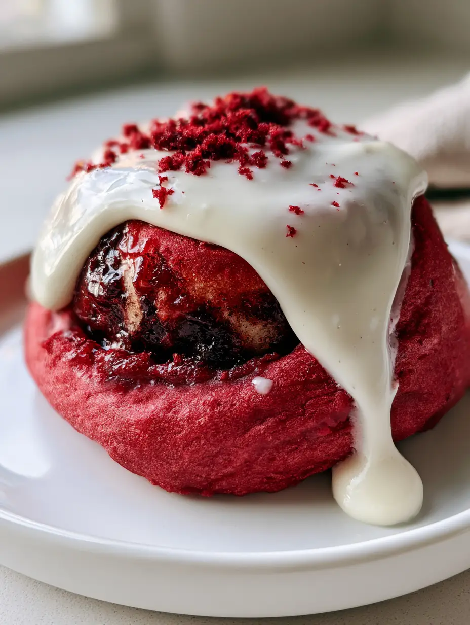 Red Velvet Cinnamon Rolls: The Ultimate Guide to Ultra-Pillowy Crimson Sweet Rolls 3 Macro shot of a single red velvet cinnamon roll with steam and a glossy frosting drip. (red velvet cinnamon rolls)