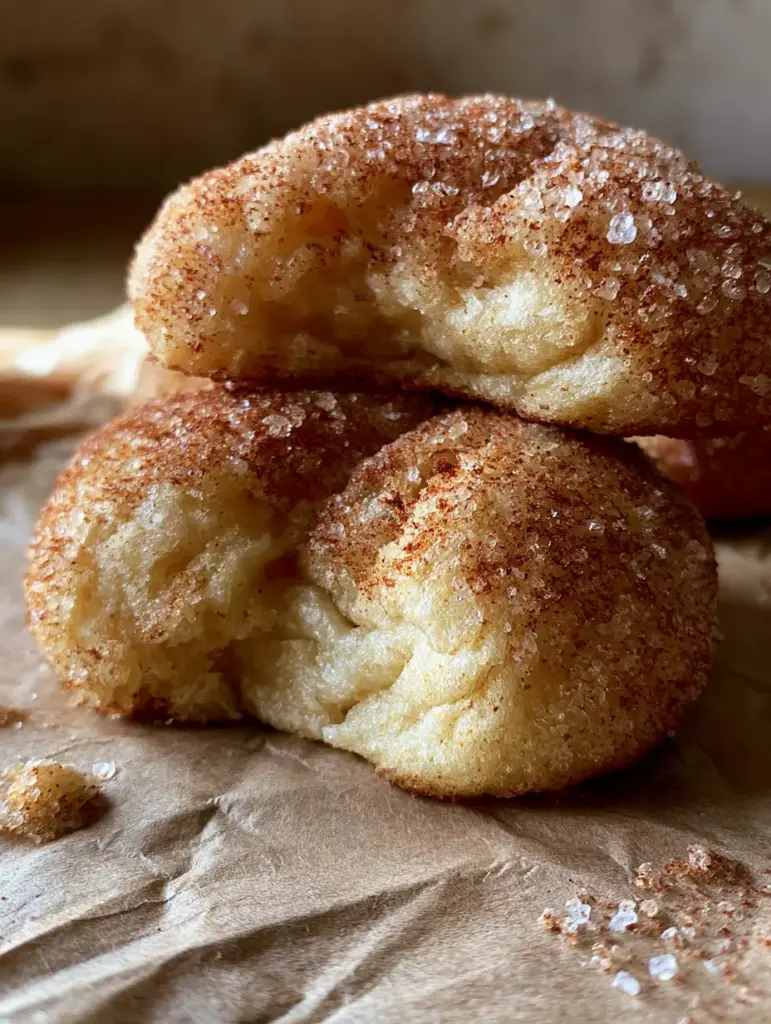 Snickerdoodles Recipe: The Ultimate Thick and Pillowy Cookie 1 Thick Snickerdoodles sitting on wrinkled brown parchment paper with stray sugar crystals and crumbs scattered nearby.
