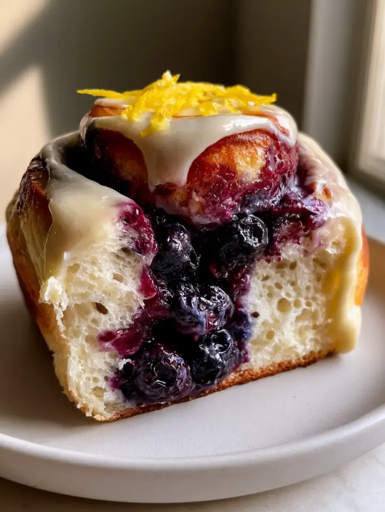 Blueberry sourdough sweet rolls with Zesty Lemon Cream Cheese Glaze 1 Macro view of glistening blistered blueberries inside a sourdough sweet roll with cascading lemon glaze.