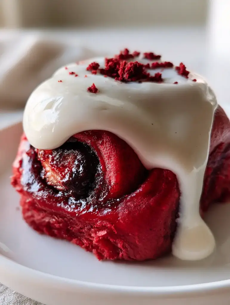 Red Velvet Cinnamon Rolls: The Ultimate Guide to Ultra-Pillowy Crimson Sweet Rolls 1 A close up of the pillowy crimson dough and dark chocolate swirl. (red velvet cinnamon rolls)