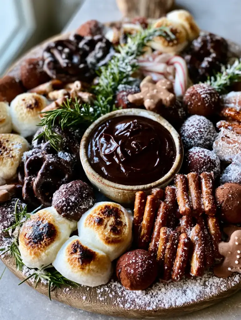 Hot cocoa charcuterie board: The Ultimate Festive Dessert Platter 2 Close up of a Hot cocoa charcuterie board with toasted marshmallows and gingerbread cookies.
