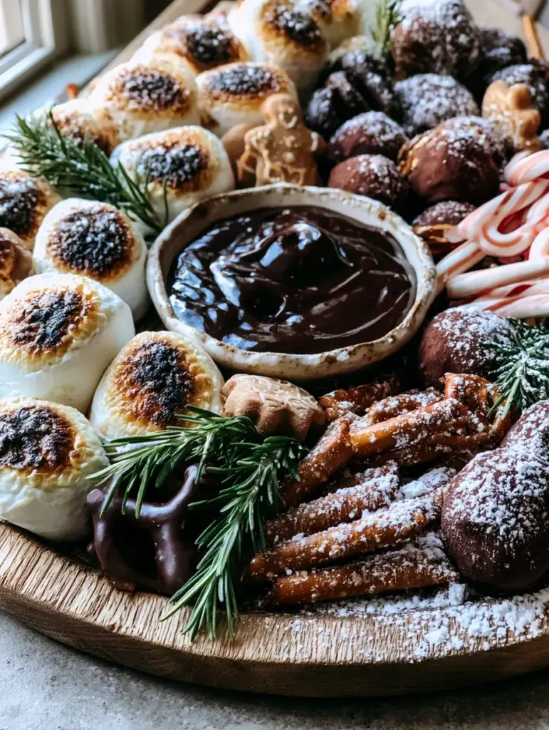 Hot cocoa charcuterie board: The Ultimate Festive Dessert Platter 1 Overhead view of a Hot cocoa charcuterie board with rosemary sprigs and a dusting of powdered sugar.