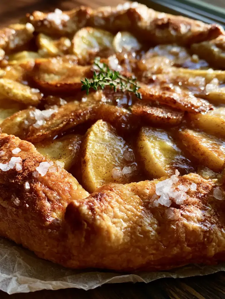 Autumn Pie Recipes: Rustic Honeycrisp Apple Galette with Cinnamon-Amber Glaze 2 Macro shot of a rustic apple galette with shimmering butter crust layers and coarse turbinado sugar (autumn pie recipes).