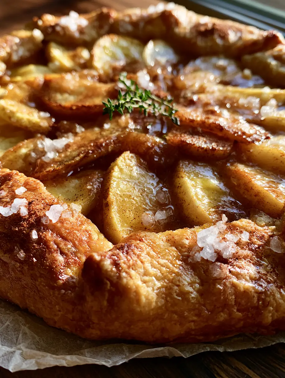 Autumn Pie Recipes: Rustic Honeycrisp Apple Galette with Cinnamon-Amber Glaze 3 Macro shot of a rustic apple galette with shimmering butter crust layers and coarse turbinado sugar (autumn pie recipes).