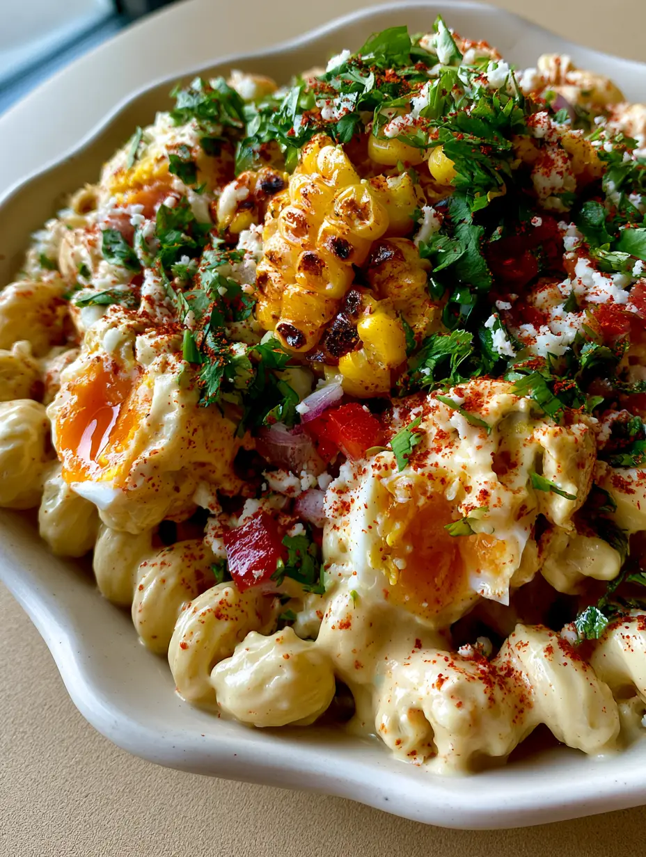 Macro shot of rotini pasta spirals coated in glossy crema with charred corn and jammy yolks. (makeup)