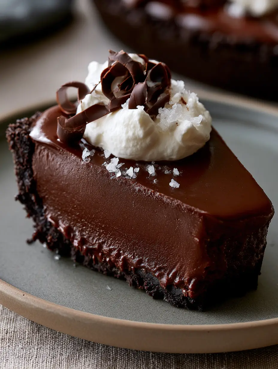 The Ultimate Ultra-Glossy Chocolate Pie Recipe: A Masterclass in Decadence 3 Close-up macro detail of a glossy chocolate ganache pie slice showing the thick cookie crumb foundation. (Chocolate pie recipe)
