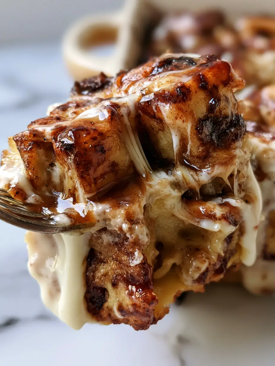 Cinnamon Roll Casserole: The Ultimate Gooey Brunch Bake with Cream Cheese Glaze 3 Extreme macro close-up of gooey cinnamon roll casserole with long strands of melted white cream cheese icing and brown sugar glaze. (cinnamon roll casserole)