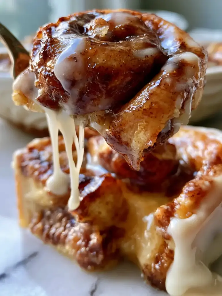 Cinnamon Roll Casserole: The Ultimate Gooey Brunch Bake with Cream Cheese Glaze 1 A fork lifting a piece of cinnamon roll casserole showing the caramelized dough chunks and dark cinnamon swirls.