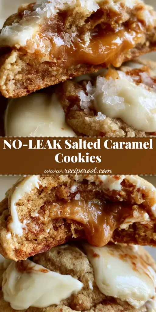 Two thick bakery-style salted caramel white chocolate cookies stacked, showing a molten amber caramel center and melted white chocolate puddles.