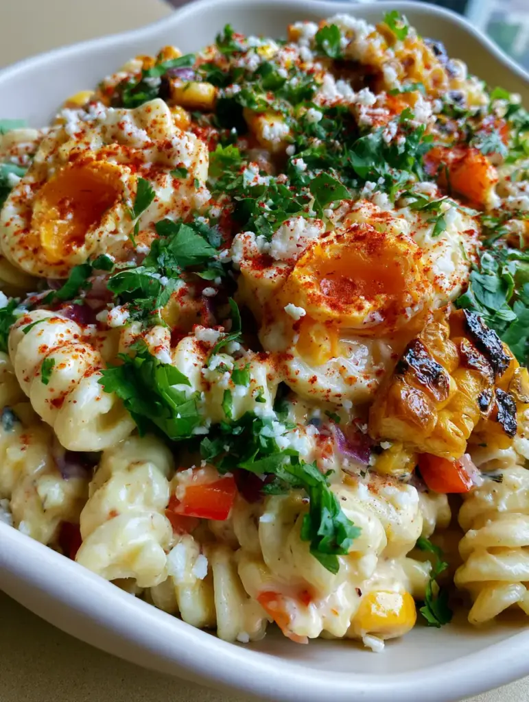 High-angle shot of a matte-white bowl filled with colorful Mexican street corn pasta salad.