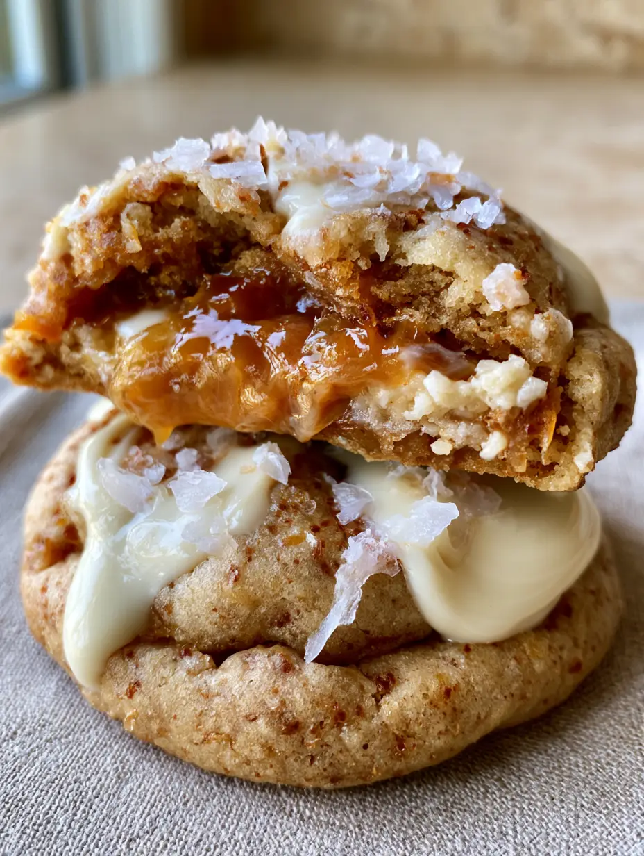 Close-up of salted caramel white chocolate cookies with visible toasted brown butter flecks and flaky sea salt.