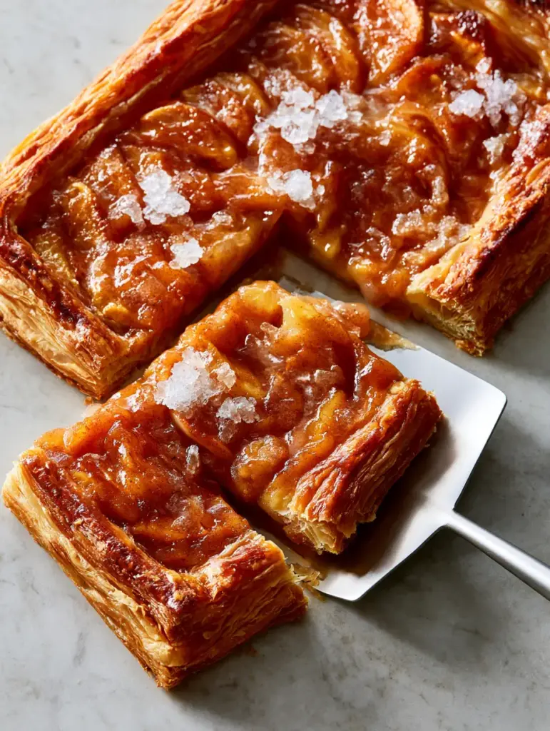 Easy Pie Recipes: The Ultimate Crispy Sheet Pan Apple Slab Pie 1 A silver server lifting a slice of apple pie to reveal the gooey cinnamon interior and perfectly cooked bottom crust.