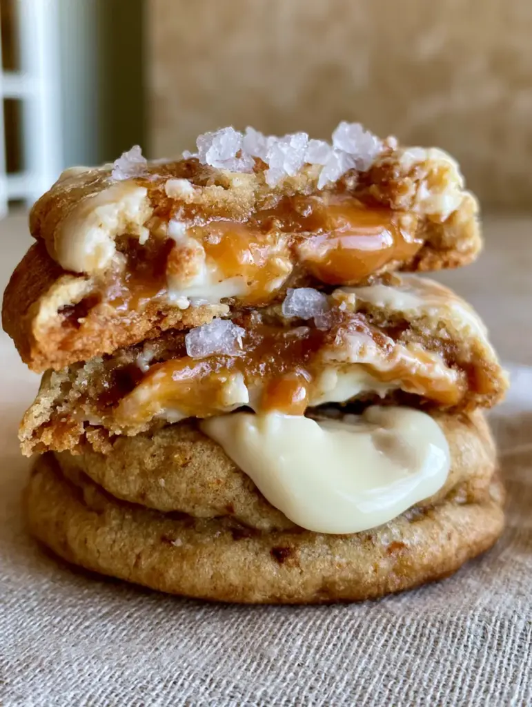 A broken salted caramel white chocolate cookie revealing a thick, viscous amber caramel center.