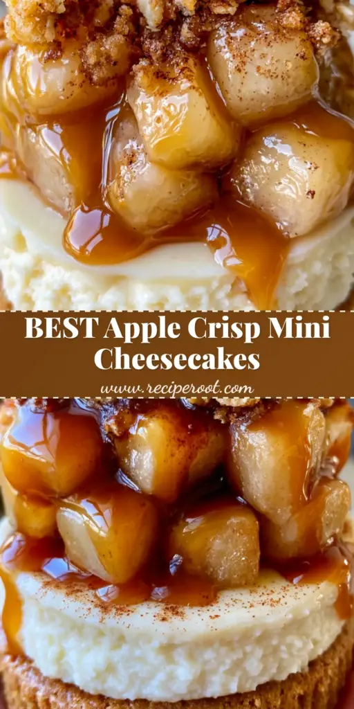 A close-up of an Apple Crisp Mini Cheesecake with dripping caramel and oat streusel held in a hand.