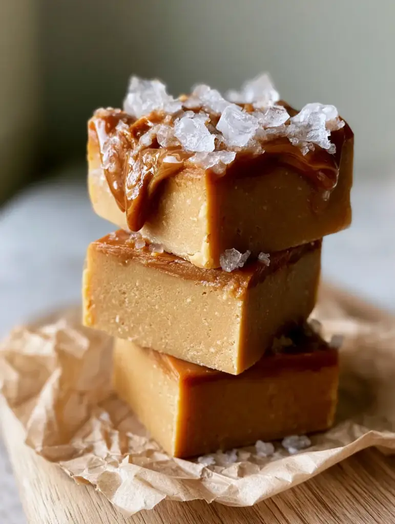 A tall precarious stack of golden-tan peanut butter fudge on crinkled parchment. (peanut butter fudge)