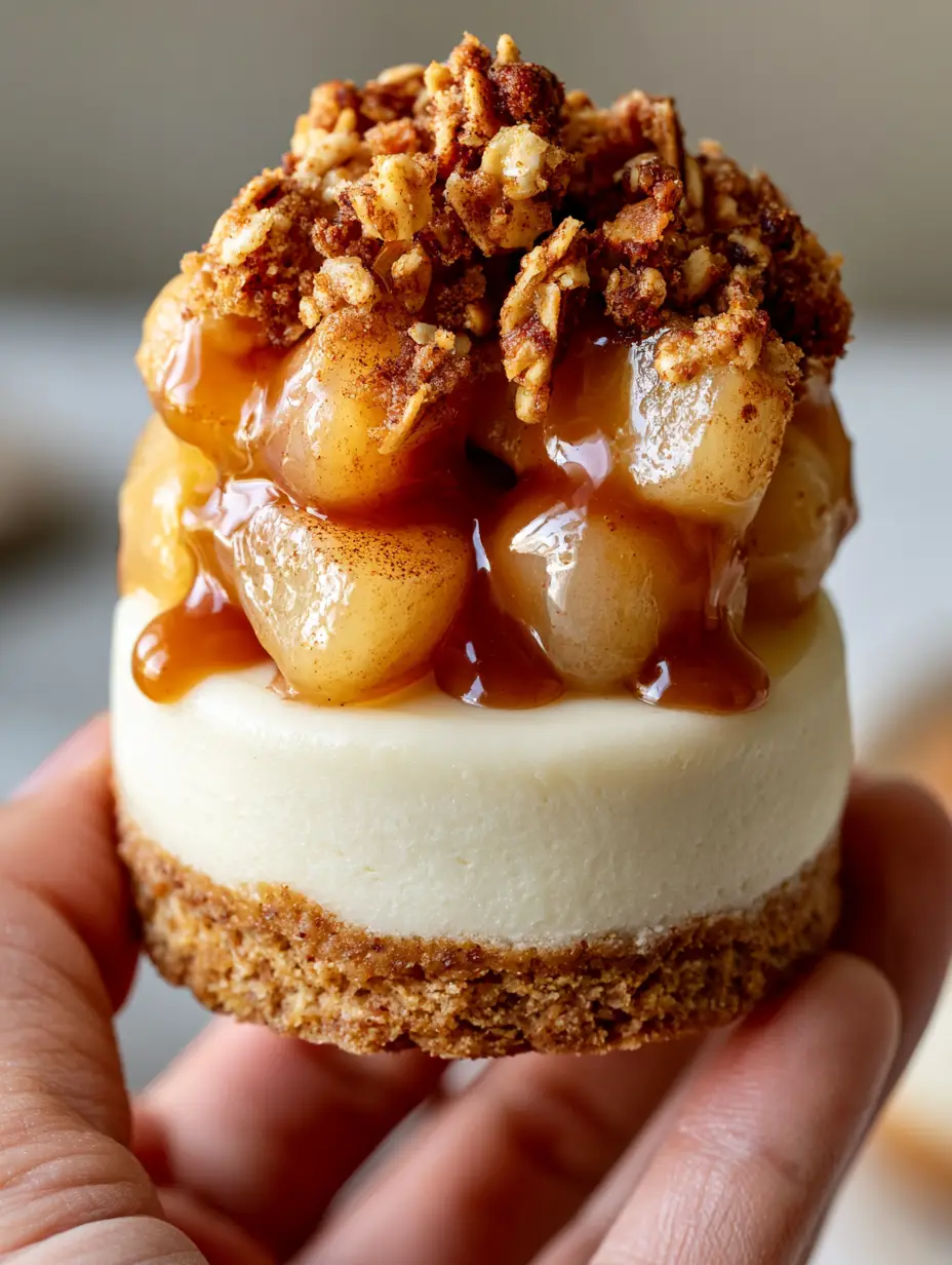 Vertical smartphone photo of a hand holding a mini cheesecake with translucent cinnamon apples and amber caramel. (Apple Crisp Mini Cheesecakes)
