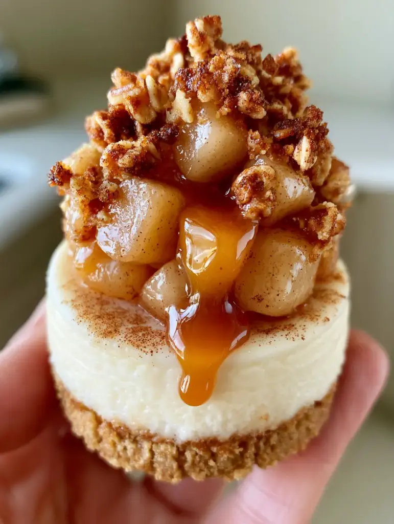Close up of the toasted oat streusel with golden-brown peaks on top of apple cubes. (Apple Crisp Mini Cheesecakes)