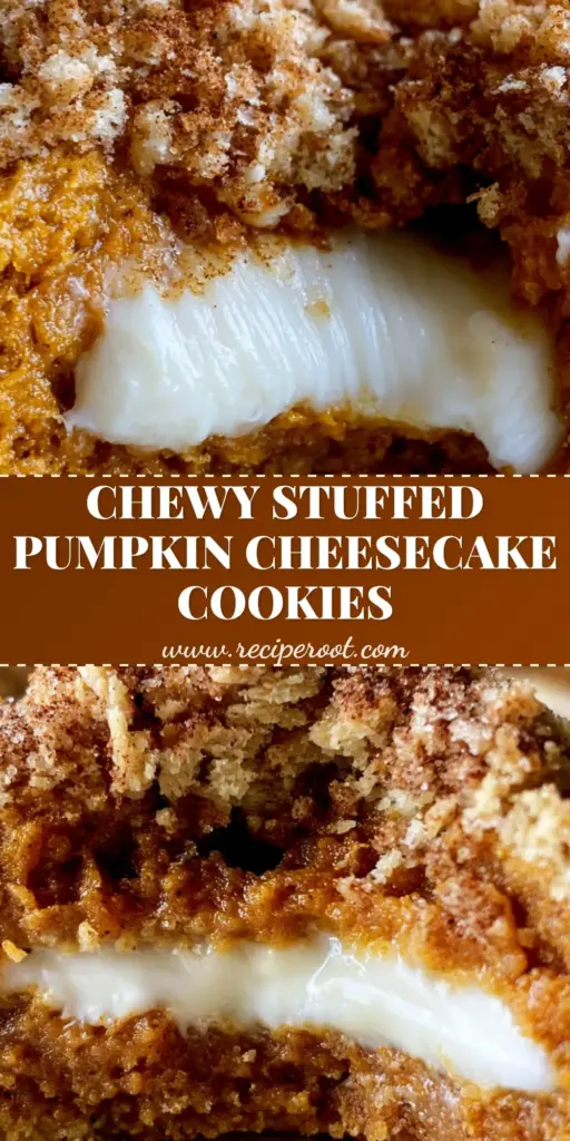 Pumpkin Cheesecake Cookies with a Molten Cream Cheese Center and Graham Cracker Crumble 4 A handheld photo of a thick, chewy Pumpkin Cheesecake Cookie broken in half, showing a gooey white center and a golden graham cracker crumble.