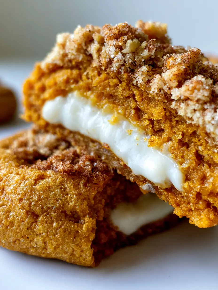 Pumpkin Cheesecake Cookies with a Molten Cream Cheese Center and Graham Cracker Crumble 3 Close-up of a dense, fudgy pumpkin cookie with a flowing cream cheese filling and sugar crystals. (Pumpkin Cheesecake Cookies)