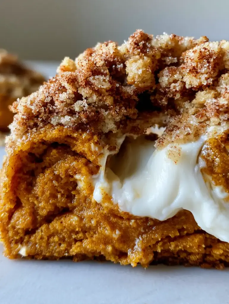 Pumpkin Cheesecake Cookies with a Molten Cream Cheese Center and Graham Cracker Crumble 1 A chunky, golden-brown graham cracker crumble topping on a thick pumpkin cookie. (Pumpkin Cheesecake Cookies)