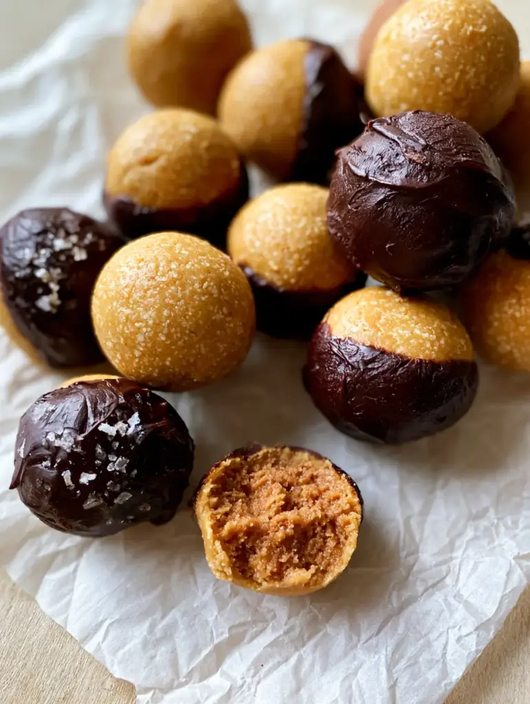 Peanut Butter Balls: The Ultimate No-Bake Fudgy Dark Chocolate Treat 1 Close-up of a peanut butter ball broken in half to reveal a dense, fudgy interior texture.