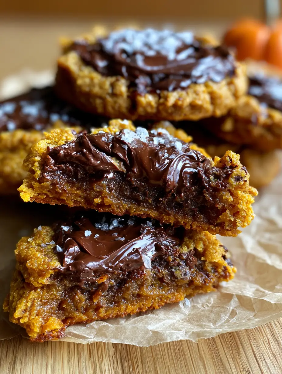 Pumpkin Chocolate Chip Cookies: The Ultimate Fudgy and Dense Recipe 3 Close up of pumpkin chocolate chip cookies showing the golden-brown crinkled edges and glistening dark orange interior.