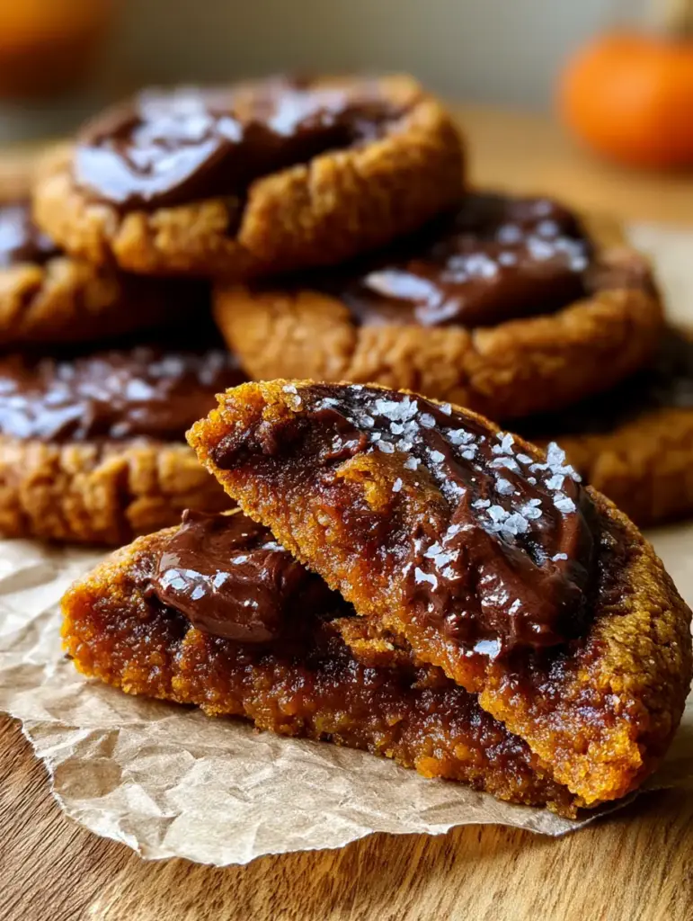 Pumpkin Chocolate Chip Cookies: The Ultimate Fudgy and Dense Recipe 1 Smartphone photo of melted chocolate pools swirled into a thick pumpkin cookie garnished with sea salt.