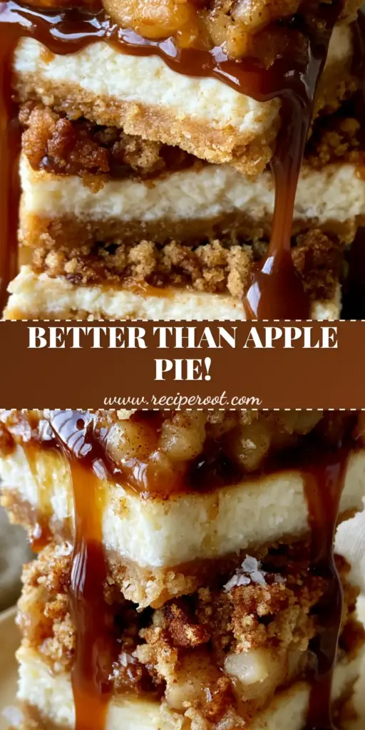 A Pinterest-style vertical graphic showing a stack of Caramel Apple Cheesecake Bars with thick caramel drizzle and sea salt.