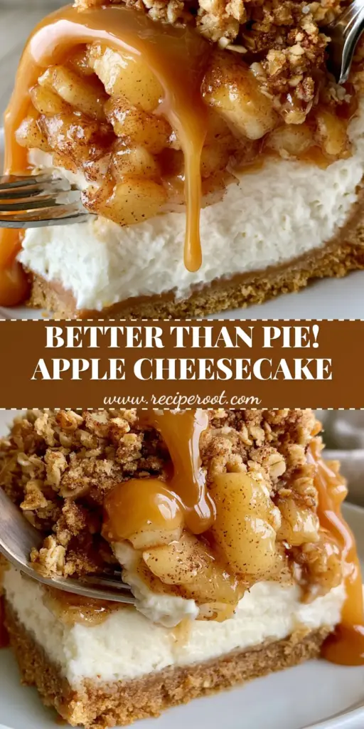 Salted Caramel Apple Pie Cheesecake: The Ultimate Deep-Dish Autumn Dessert 3 A vertical handheld smartphone photo of a tall, deep-dish Salted Caramel Apple Pie Cheesecake with a fork lifting a bite, showing thick layers of graham cracker crust, vanilla cheesecake, sautéed apples, and oat streusel with caramel drizzle.