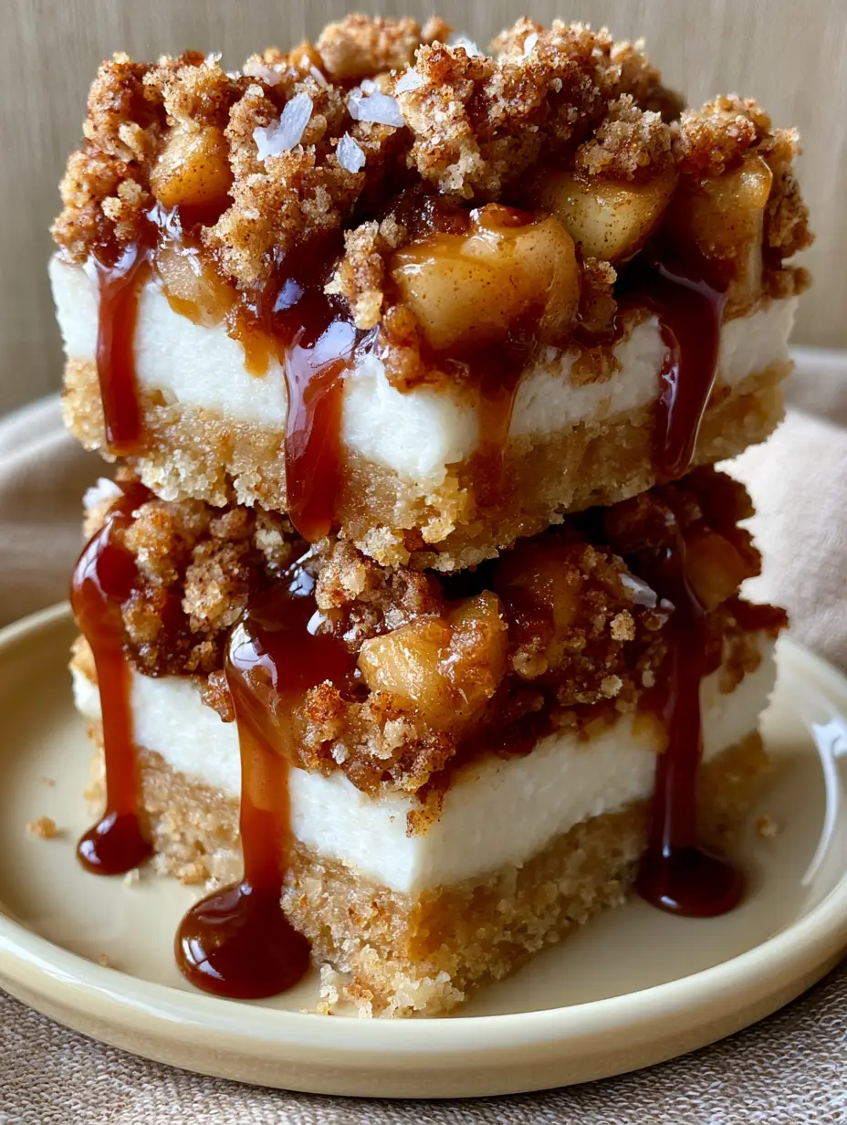Extreme macro photo of a stack of three gourmet Caramel Apple Cheesecake Bars showing the velvety white filling and golden streusel.