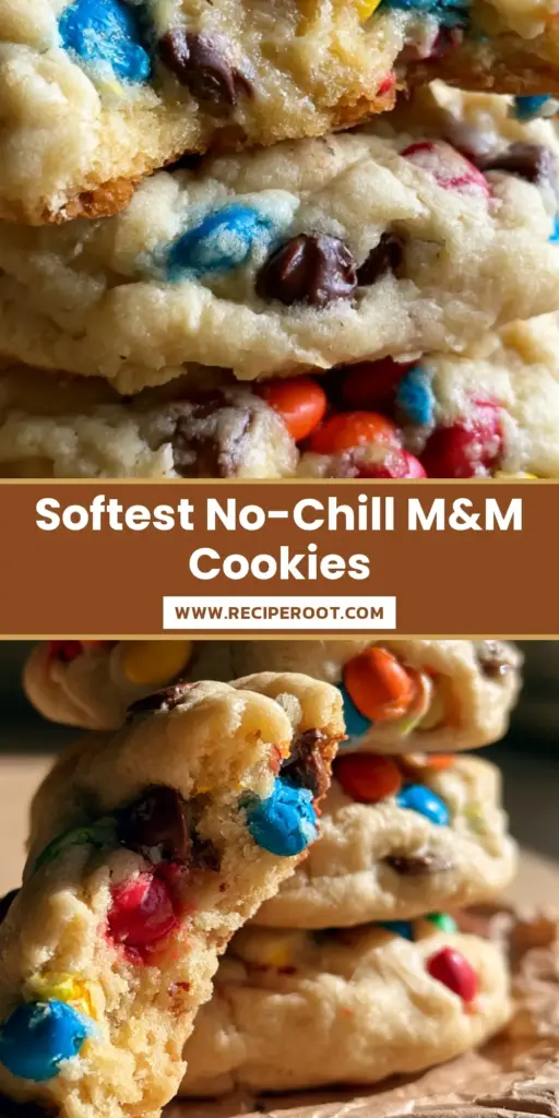 A stack of thick soft-batch mini m&m chocolate chip cookies on crinkled brown parchment paper over a rustic wooden table.