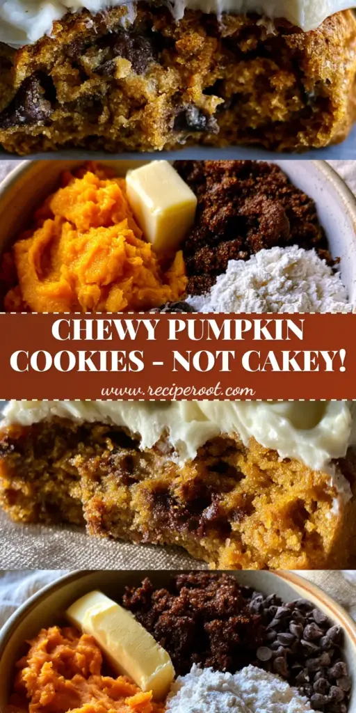 Pumpkin Cookies with Thick Swirled Cream Cheese Frosting and Chocolate Chips 4 A split-screen view showing a close-up of a broken pumpkin cookie with frosting and a bowl of raw ingredients like pumpkin puree and chocolate chips. (pumpkin cookies)