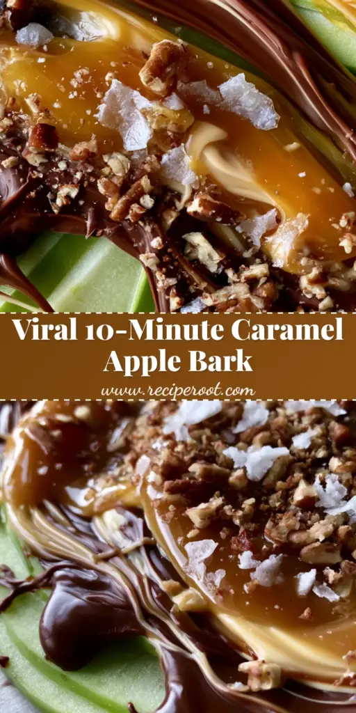Caramel Apple Bark with Salted Dark Chocolate and Toasted Pecans 4 A close-up of Caramel Apple Bark on parchment paper featuring Granny Smith apples, dark and milk chocolate drizzles, glossy caramel, and pecans. (caramel apple bark)