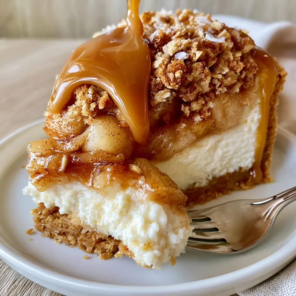 Salted Caramel Apple Pie Cheesecake: The Ultimate Deep-Dish Autumn Dessert 2 Macro photography of the Salted Caramel Apple Pie Cheesecake highlighting the translucent amber glaze on the sautéed apples and the flaky sea salt on the glossy caramel.