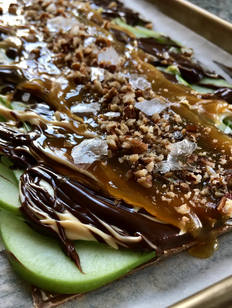 Caramel Apple Bark with Salted Dark Chocolate and Toasted Pecans 3 A handheld smartphone photo of Caramel Apple Bark in natural light on a high-end kitchen counter. (caramel apple bark)