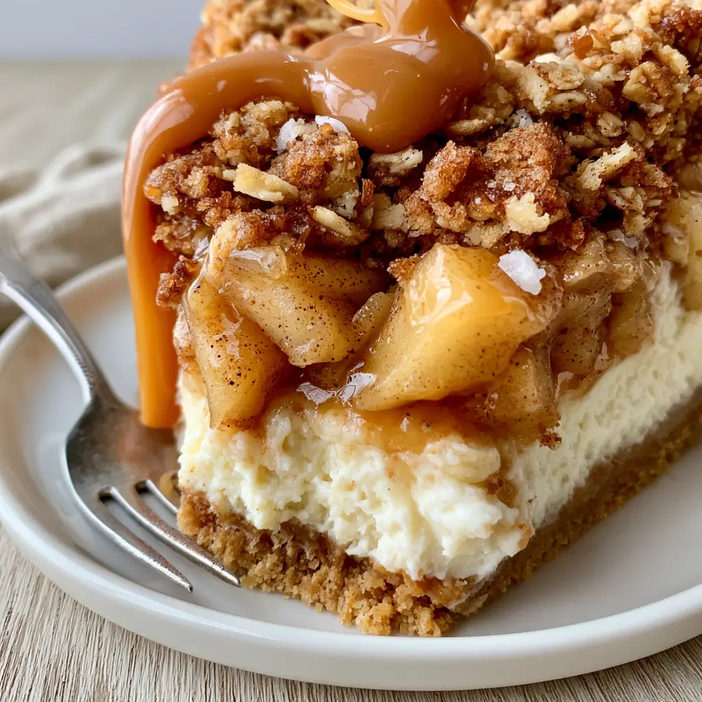 Salted Caramel Apple Pie Cheesecake: The Ultimate Deep-Dish Autumn Dessert 1 Close-up of the thick, buttery golden-brown graham cracker crust and the dense white cheesecake layer of the Salted Caramel Apple Pie Cheesecake.