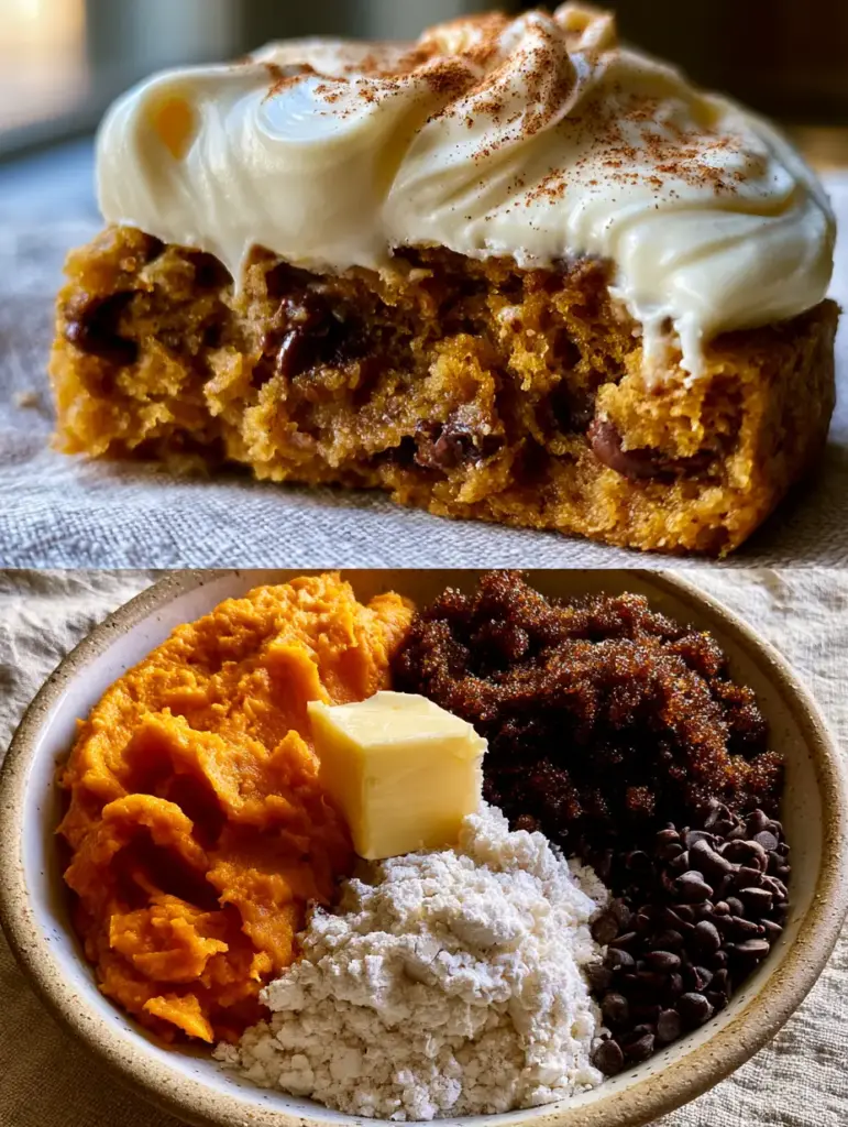 Pumpkin Cookies with Thick Swirled Cream Cheese Frosting and Chocolate Chips 1 A deconstructed view of pumpkin cookies ingredients including bright orange puree, golden butter, and dark brown sugar. (pumpkin cookies)