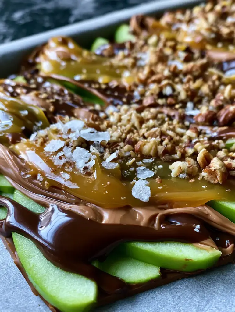 Caramel Apple Bark with Salted Dark Chocolate and Toasted Pecans 1 Overhead view of caramel apple bark showing the textures of wet caramel and matte chocolate.