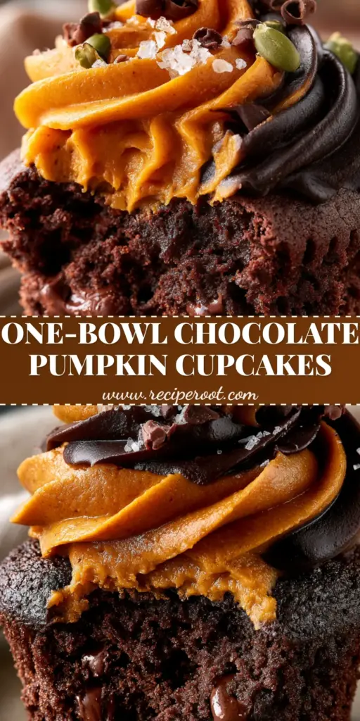 A tall, decadent chocolate pumpkin cupcake with a two-tone orange and chocolate frosting swirl, ganache drizzle, and green pepitas. (chocolate pumpkin cupcakes)