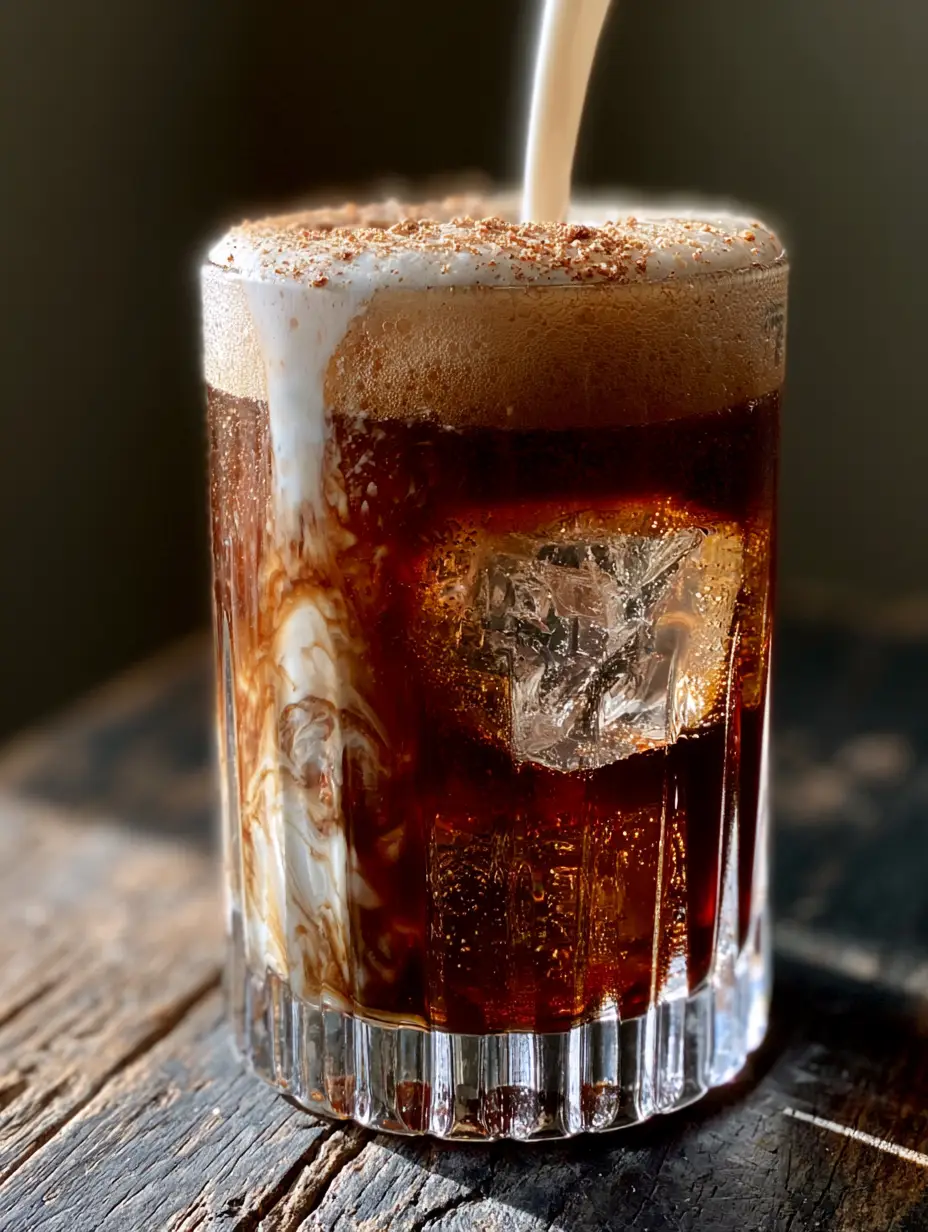 Extreme close-up of a creamy root beer rum cocktail showing heavy cream pouring into mahogany liquid.