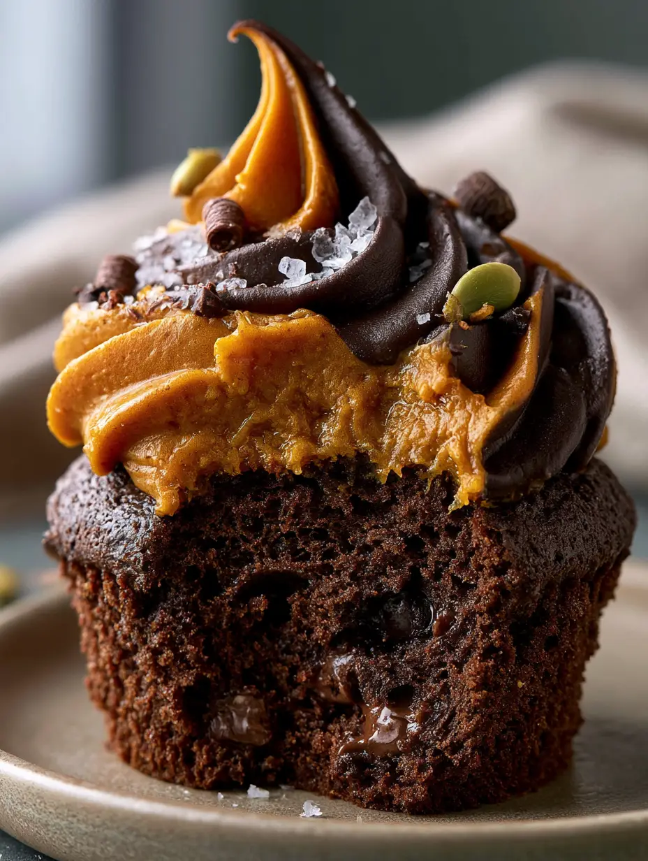 Extreme close-up of a dark chocolate pumpkin cupcake torn open to reveal a moist crumb and melting chocolate chips. (chocolate pumpkin cupcakes)