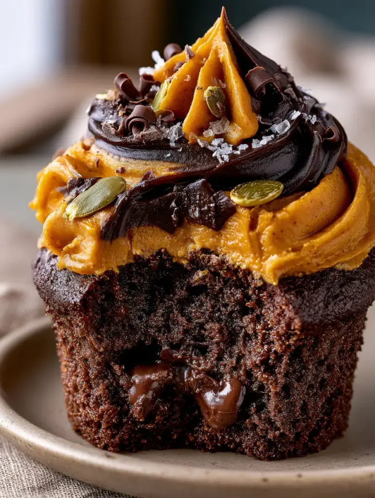 Detailed view of two-tone pumpkin and chocolate frosting swirl garnished with toasted pepitas and chocolate curls.