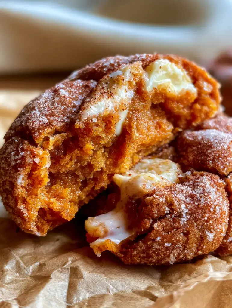 White Chocolate Pumpkin Snickerdoodles: The Ultimate Fudgy Autumn Cookie 2 Macro close-up of a broken White chocolate pumpkin snickerdoodle cookie revealing a moist orange-hued interior and sparkling spice granules.