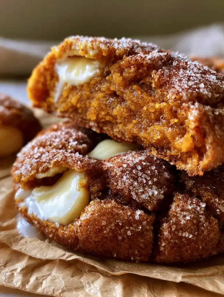 White Chocolate Pumpkin Snickerdoodles: The Ultimate Fudgy Autumn Cookie 1 Side view of a thick White chocolate pumpkin snickerdoodle with deep cracks and half-melted white chocolate chips.