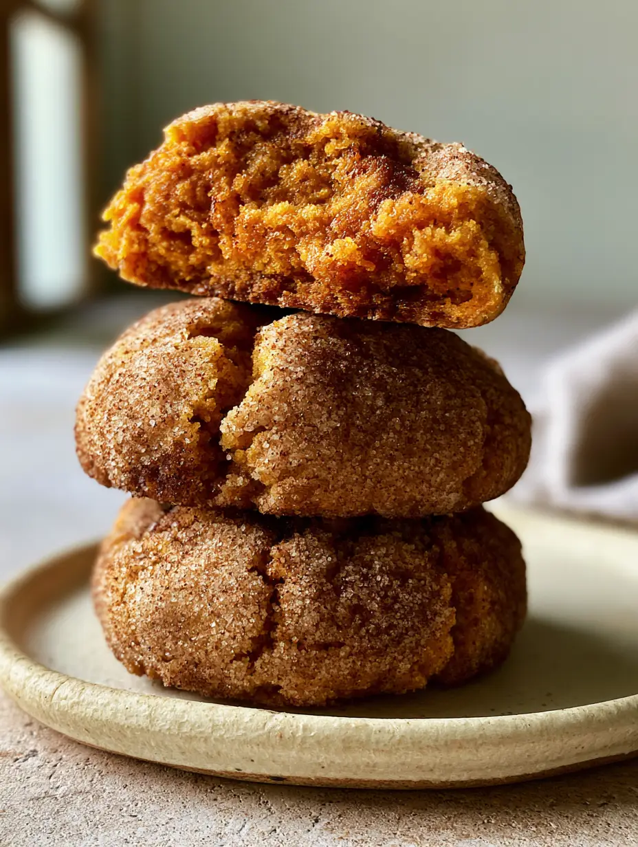 Macro shot of a broken Brown Butter Pumpkin Snickerdoodle Cookie showing a vibrant orange fudgy center and sugar crystals.