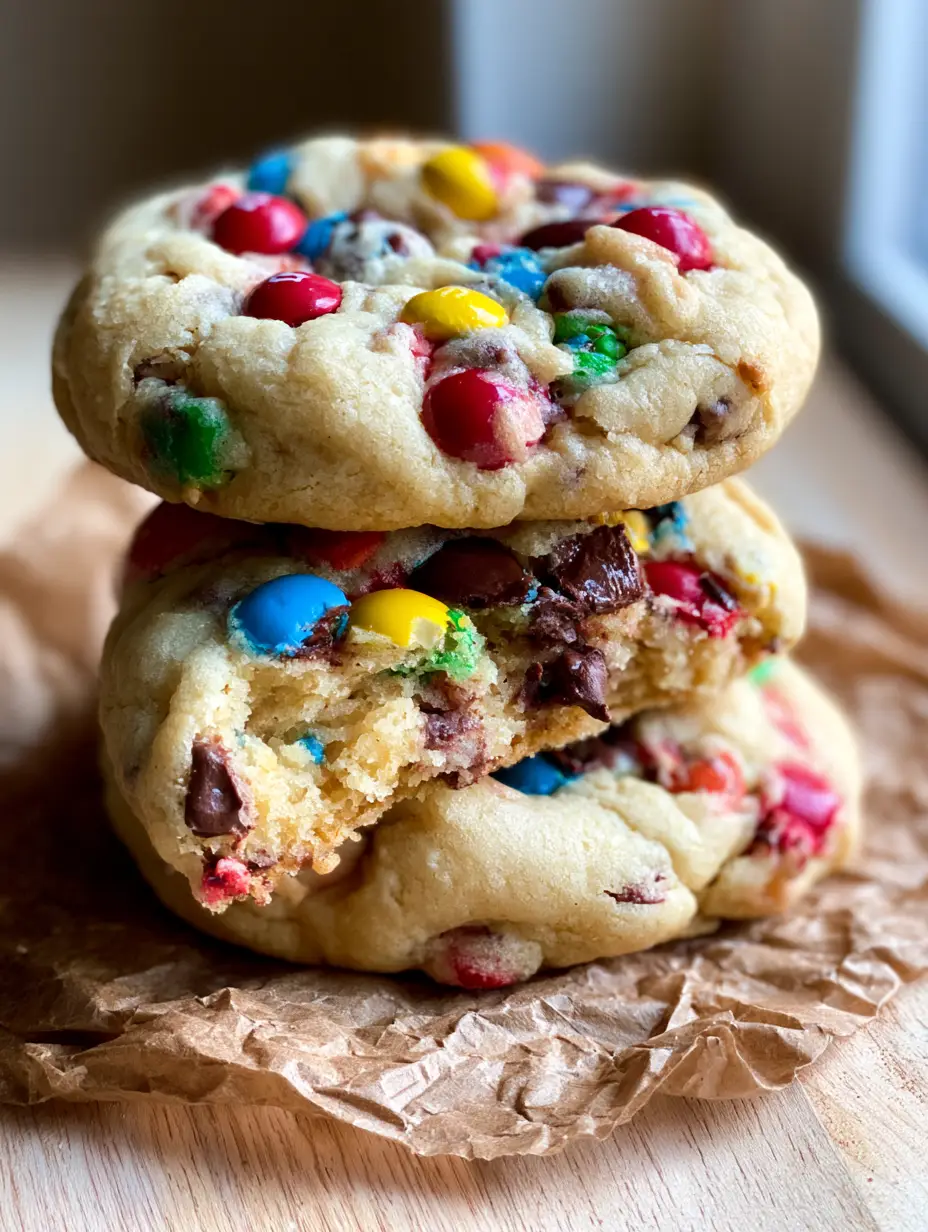 Macro eye-level shot of a stack of three thick soft-batch mini m&m chocolate chip cookies with vibrant candy and melted chocolate.
