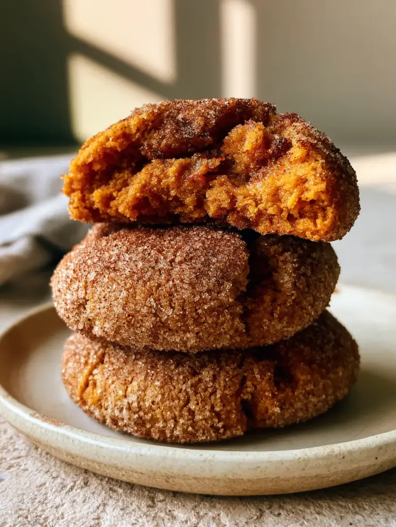 A stack of three dense pumpkin cookies with dark amber brown butter flecks on a neutral linen background.